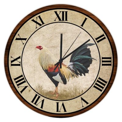 15" Wall Clock, Farmhouse Rooster Roses, Round Silent Wall Clocks Rustic Cabin Vintage Country Home Office School Decor, Housewarming Gift