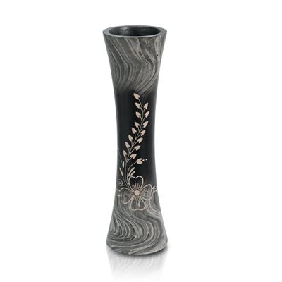 AeraVida Elegant Garden Shadows Handcarved Floral Motif on Concaving Wooden Table Vase with Black & White Stain for Bali Chic Home Dcor with Nature Inspired Feels