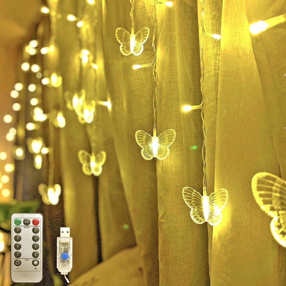 HENGYOU Butterfly Curtain Fairy Lights USB Plug in,8 Modes 120 LED 21FT Firefly Twinkle Timer String Lights with Remote, Waterproof for Bedroom Patio Christmas Wedding Party (Warm White)