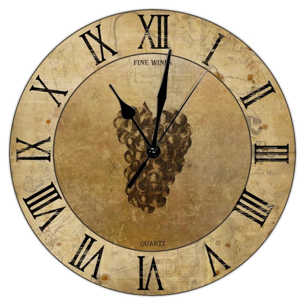 Vintage Fine Wines Quartz Round Wall Clock Silent Battery Operated Wooden Wall Clocks French Fruit Grapes Wall Clock Rustic Farmhouse for Living Room Bedroom Round Clock 12Inch Birthday Gift