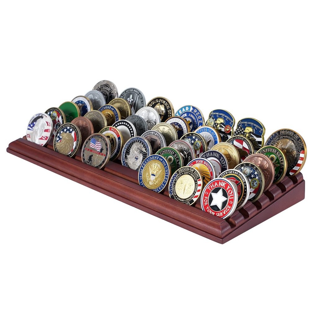 LIUYALO Challenge Coin Display, 6 Row Military Coin Holder Display Rack, Solid Wood Coin Rack Stand Holds 42 Coins with Deep Anti-Slip Grooves, Collector Display for Desk or Shelf