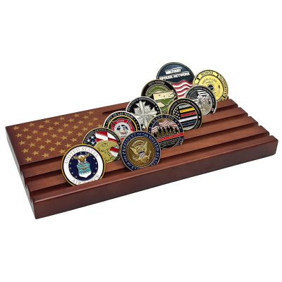 LIUYALO Premium Challenge Coin Display Stand, 6 Row Solid Wood Military Coin Holder with American Flag Design, Desktop Coin Display Rack for Challenge Coins, Medals & Veteran Gifts(red)