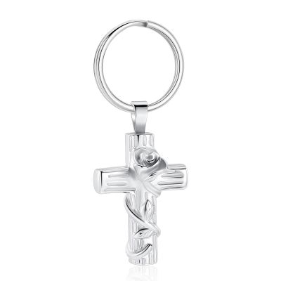 Minicremation Cremation Urn Keychain for Ashes Rose Flower Cross Funeral Keepsake Urn Keychain for Human/Pet Ashes Memorial Gift(Silver)