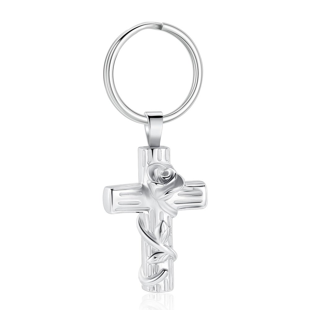 Minicremation Cremation Urn Keychain for Ashes Rose Flower Cross Funeral Keepsake Urn Keychain for Human/Pet Ashes Memorial Gift(Silver)