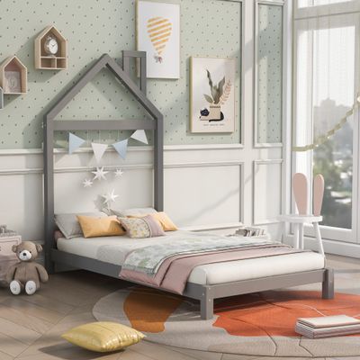 Bellemave Twin Bed Frame with House Shape Headboard,Wood Twin Size Platform Bed for Girls Boys Kids,No Spring Need. Grey