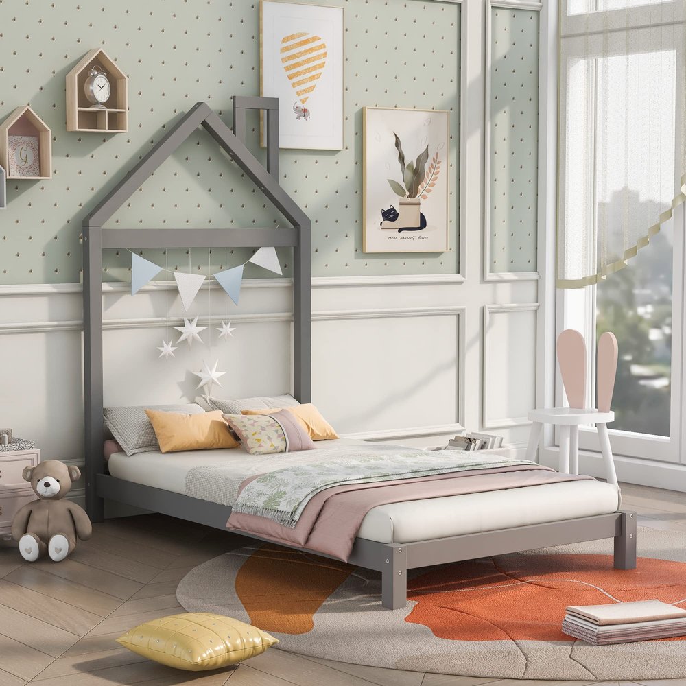 Bellemave Twin Bed Frame with House Shape Headboard,Wood Twin Size Platform Bed for Girls Boys Kids,No Spring Need. Grey