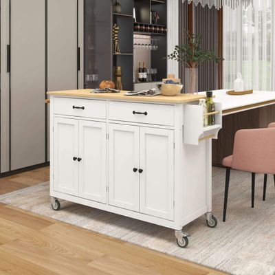 Kitchen Cart Rolling Mobile Storage Dining Island Trolley, Solid Wood Tabletop with 4 Door Cabinet, 2 Drawers, 4 Casters, Spice Rack, Towel Rack, 54" Width (Color White)