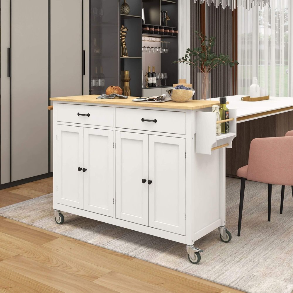 Kitchen Cart Rolling Mobile Storage Dining Island Trolley, Solid Wood Tabletop with 4 Door Cabinet, 2 Drawers, 4 Casters, Spice Rack, Towel Rack, 54" Width (Color White)