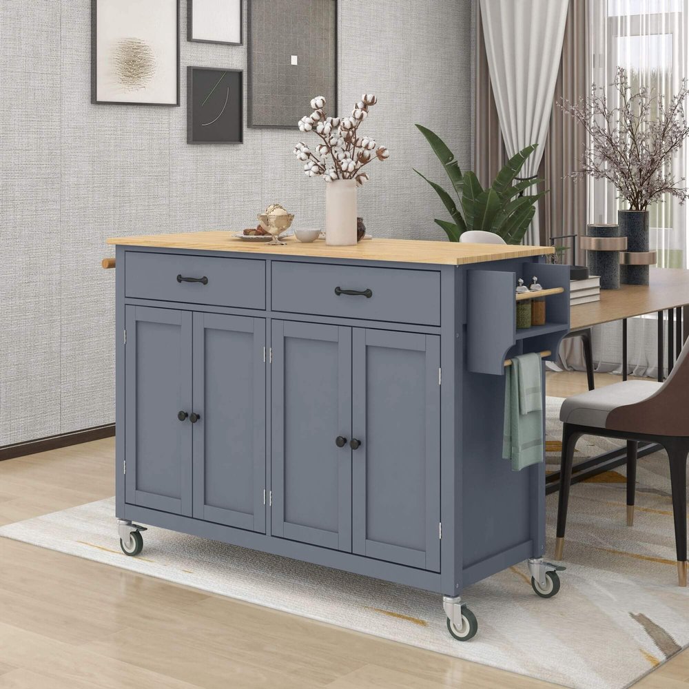 Kitchen Cart Rolling Mobile Storage Dining Island Trolley, Solid Wood Tabletop with 4 Door Cabinet, 2 Drawers, 4 Casters, Spice Rack, Towel Rack, 54" Width (Color Dusty Blue)