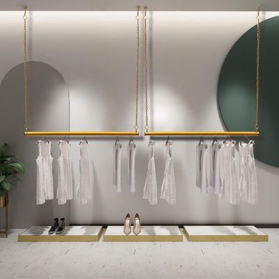 2 Pcs- 47"Height Adjustable Gold Clothing Racks Hanging Rack Ceiling Metal Clothes Rack Boutiques Store Retail Display Wedding Dress Organization Iron Chain Commercial Garment Rack Storage Hanger