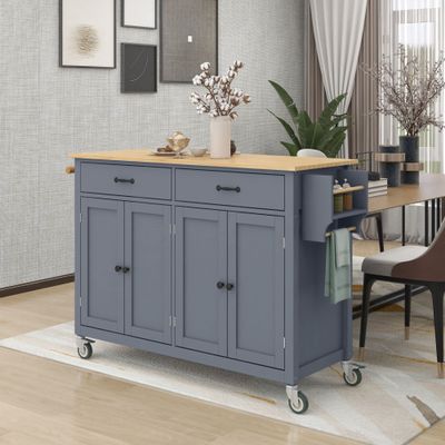 HomVent Modern Kitchen Island Cart On Wheels, Large Trolley Cart with Cabinet2 Drawers, Rolling Kitchen Island Utility Cart with Spice Rack, Towel RackSolid Wood Table Top for Dining Room (Blue)