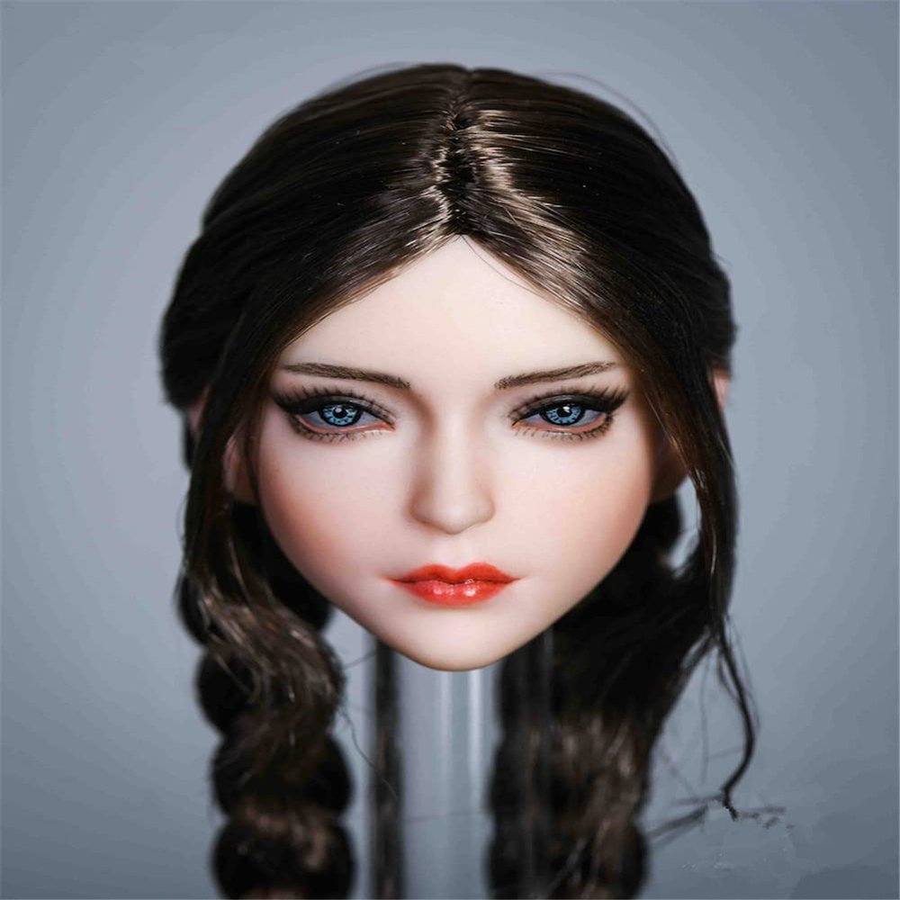 1/6 Scale Female Head Sculpt, Beauty Asia Girl Planted Hair Head Carved for 12inch Action Figure Body Doll (Two Braided Hair)