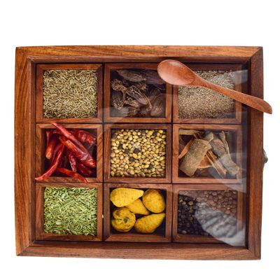Multipurpose Storage Box for Kitchen with 1Spoon / Wooden Masala Dabba Spice Box with Glass Lid (SQUARE)