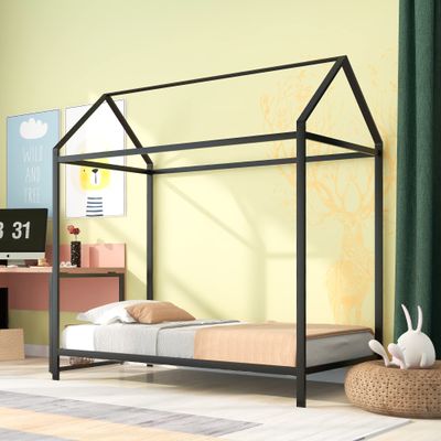 Twin Floor Bed Frame for Kids Toddlers, Metal House Platform Bed with Roof, Weight Capacity No Limit for Boys Girls, No Box Spring Needed Black (Black-Metal-1)