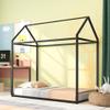 Twin Floor Bed Frame for Kids Toddlers, Metal House Platform Bed with Roof, Weight Capacity No Limit for Boys Girls, No Box Spring Needed Black (Black-Metal-1) view 3