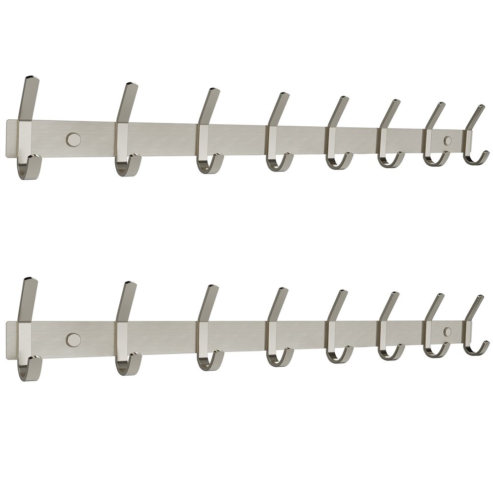 Coat Rack Wall Mount  Brushed Nickel 24 Inch Stainless Steel Hook Rail with 8 Heavy Duty Double Coat Hooks  Wall Mounted Coat Hanger for Entryway, Bathroom, Bedroom, Towel, Hat Organizer - 2 Pack