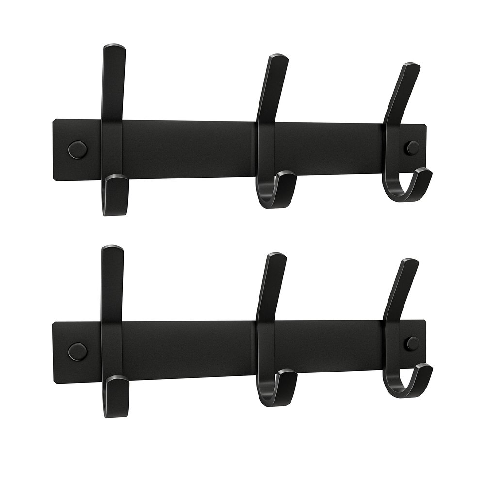 Matte Black Small Coat Rack Wall Mount 9 Inch Stainless Steel Hook Rail with 3 Double Coat Hooks Wall Mounted Entryway Organizer for Coats, Hats, Bags, Towels, Robes, Closet or Bathroom - 2 Pack