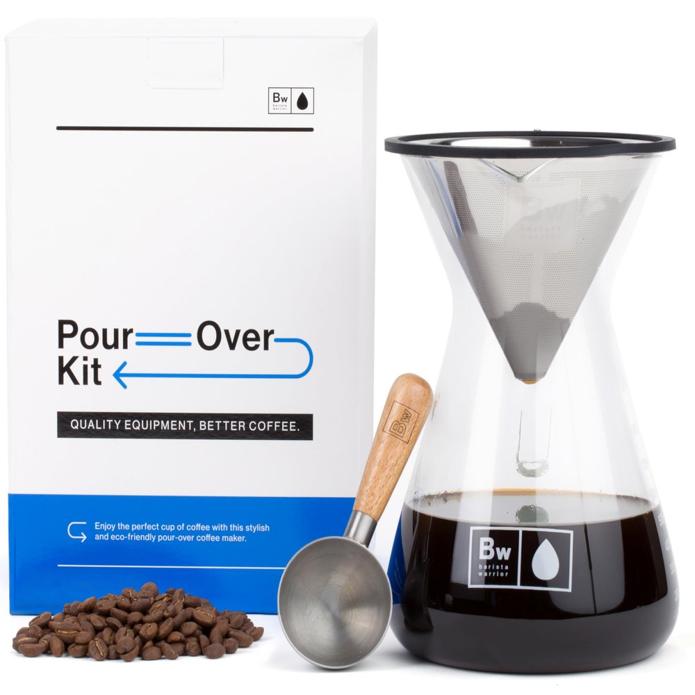 Barista Warrior Pour Over Coffee Maker with Glass Carafe and Reusable Stainless Steel Dripper  Complete Pour Over Coffee Kit with Acacia Wood Scoop for Rich, Flavorful Drip Brewing at Home