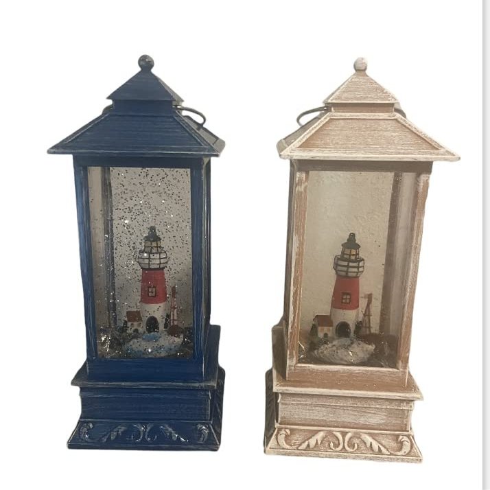Lighted Musical Lighthouse Water Lantern Snow Globe Natural Finish or Blue Finish