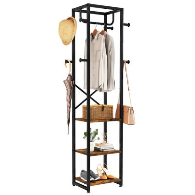 IBUYKE Coat Rack with Shelves, Freestanding Hall Tree with 3 Shelves and 8 Hooks, Industrial Clothes Stand for Entryway, Hallway, Bedroom, Rustic Brown UTMJ088H