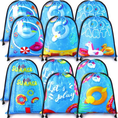 12 Pcs Pool Party Bags Drawstring Beach Bag Goody Favor Gift Bags Beach Shark Tropical Theme Party Supplies for Summer Pool