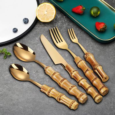Bamboo Silverware Set for 18, 90 Piece 18/8 Stainless Steel Golden Cutlery Set, Natural Bamboo Handle Cutlery Sets, Household Kitchen Utensil Flatware Sets, Dishwasher Safe (90pcs)