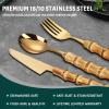 Bamboo Silverware Set for 18, 90 Piece 18/8 Stainless Steel Golden Cutlery Set, Natural Bamboo Handle Cutlery Sets, Household Kitchen Utensil Flatware Sets, Dishwasher Safe (90pcs) view 3