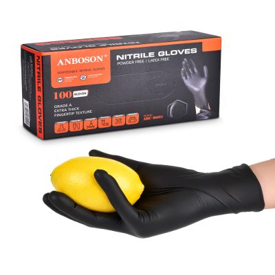ANBOSON Nitrile Gloves ISO 13485 - Food Gloves - Textured Finger 2X Grip Powder Free and Latex Free 6 Mil Rubber Gloves for Chef, Fisher, Butcher - Kitchen, Hotel and Bakery - Medium, Black of 100 Pcs
