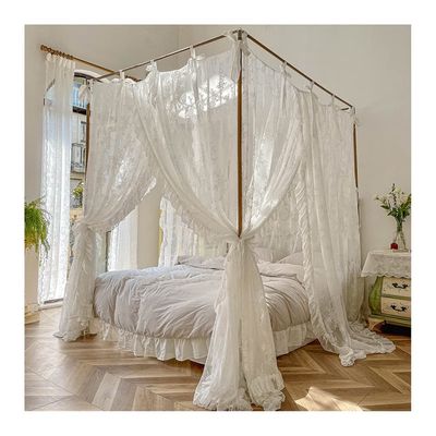CXKJP Romantic Lace Bed Canopy Mosquito Net, Princess Room Bedroom Decor 4 Corner Post Bed Curtains with Metal Brackets (Color : White, Size : 180X200cm/71X79in)