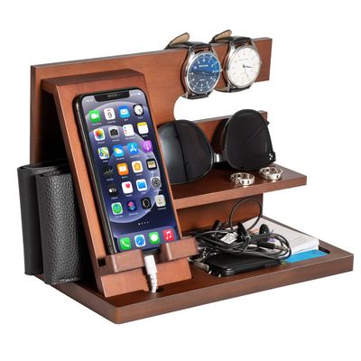 Wood Phone Docking Station - Gifts for Men Desk or Nightstand Organizer - Birthday Gifts for Husband, Fathers Day for Dad - Anniversary Idea from Wife - Key Holder, Stand Wallet, Watch & Essentials