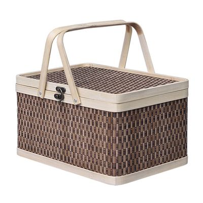Gadpiparty Woodchip Picnic Basket Hand Woven Candy Snack Fruit Bread Storage Basket with Double Folding Handles and Lid Packing Flower Girl Baskets for Wedding Party Decorations