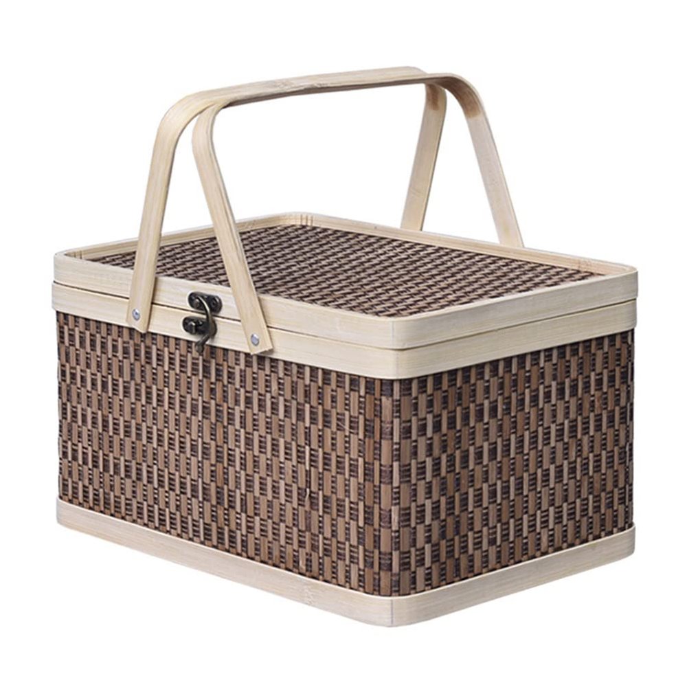 Gadpiparty Woodchip Picnic Basket Hand Woven Candy Snack Fruit Bread Storage Basket with Double Folding Handles and Lid Packing Flower Girl Baskets for Wedding Party Decorations