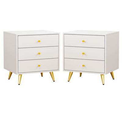 ECACAD Set of 2 Nightstands with 3 Drawers, Modern Bedside Table Versatile End Side Table with Metal Legs for Bedroom, Living Room, White (19.7L x 15.7W x 21.3H)
