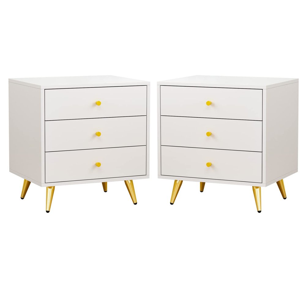 ECACAD Set of 2 Nightstands with 3 Drawers, Modern Bedside Table Versatile End Side Table with Metal Legs for Bedroom, Living Room, White (19.7L x 15.7W x 21.3H)