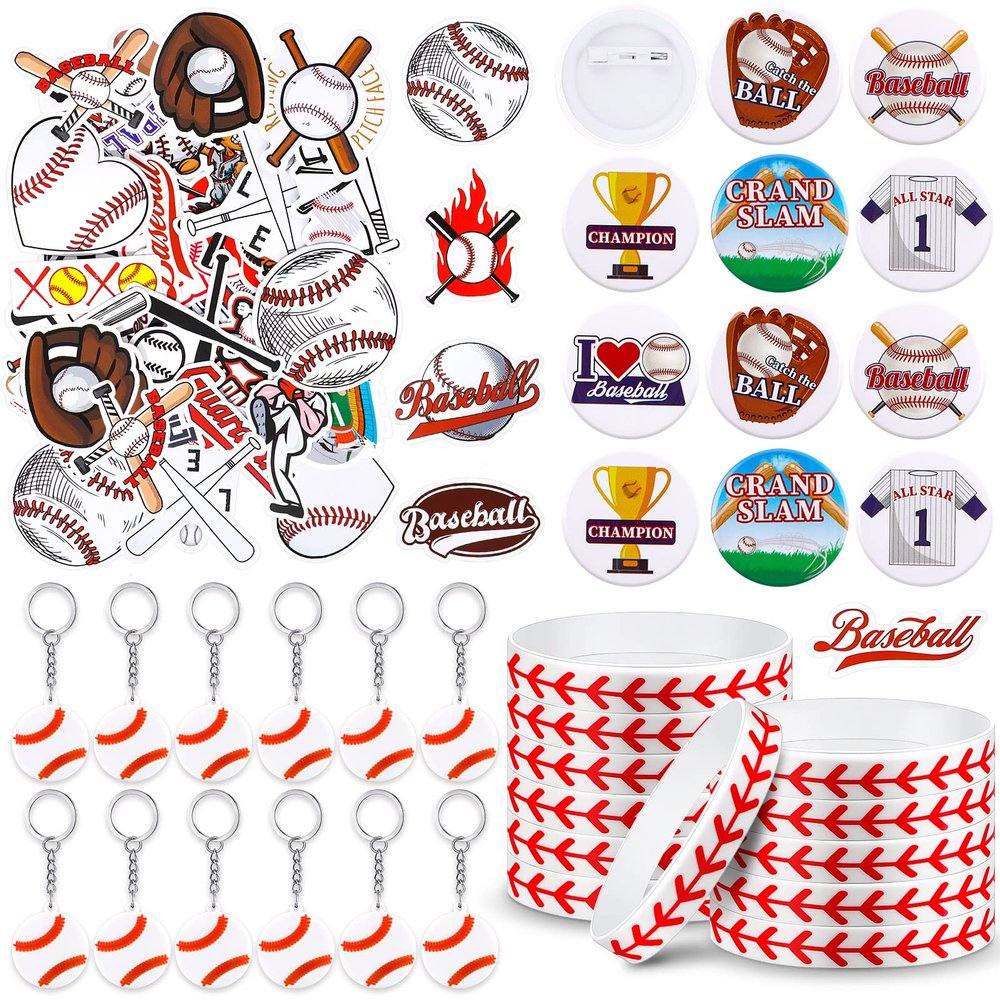 Tondiamo 86 Pcs Baseball Team Gifts Supplies with 12 Baseball Silicone Bracelets, 12 Key Chains, 12 Pin Badges, 50 Waterproof Stickers for Baseballs Birthday Souvenir(Classic)