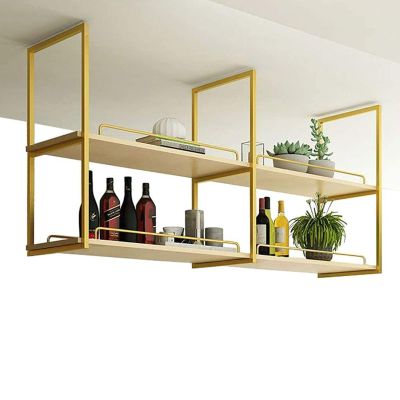 2 Tier Ceiling Shelf, Nordic Wrought Iron Solid Wood Ceiling Mounted Floating Shelves Restaurant Bar Hanging Wine Rack Kitchen Decor Storage Rack - Black/Gold, 4 Sizes