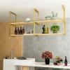 2 Tier Ceiling Shelf, Nordic Wrought Iron Solid Wood Ceiling Mounted Floating Shelves Restaurant Bar Hanging Wine Rack Kitchen Decor Storage Rack - Black/Gold, 4 Sizes view 4