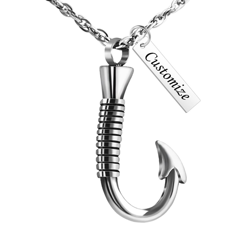 abooxiu Personalized Fishing Hook Urn Necklace for Ashes Fish Hook Stainless Steel Cremation Jewelry Memorial Pendant Keepsake for Men (Silver)
