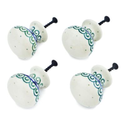 Polmedia Polish Pottery Set of 4 Drawer Pull Knobs - Light Hearted Pattern Handmade in Boleslawiec Poland by Ceramika Artystyczna + Certificate of Authenticity
