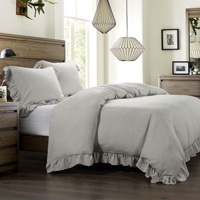 HiEnd Accents Lily Washed Linen 3 Piece Ruffled Comforter Set with Pillow Shams, Gray Solid Color, King Size, Romantic Shabby Chic Farmhouse Style Bedding, 1 Comforter and 2 Pillowcases