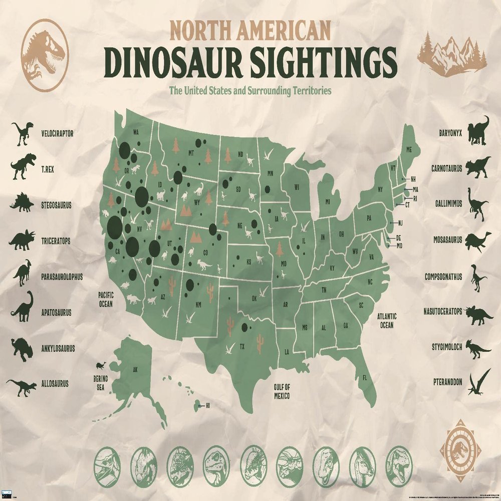 Trends International Jurassic World: Dominion - North American Dinosaur Map Wall Poster, 14.725" x 22.375", Premium Unframed Version
