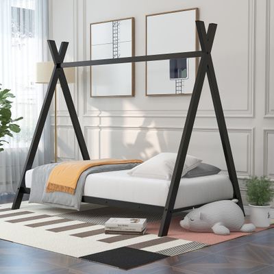 Twin Size Metal Floor Play House Bed with Slat for Kids Girls Boys, House Teepee Bed Tent Bed Frame No Box Spring Needed (Black-Metal#66)
