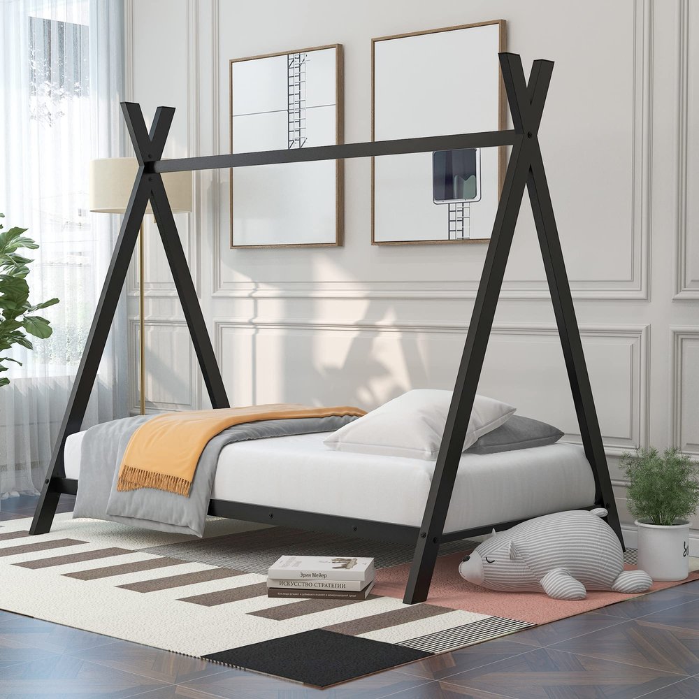 Twin Size Metal Floor Play House Bed with Slat for Kids Girls Boys, House Teepee Bed Tent Bed Frame No Box Spring Needed (Black-Metal#66)