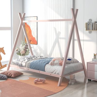 Twin Size Metal Floor Play House Bed with Slat for Kids Girls Boys, House Teepee Bed Tent Bed Frame No Box Spring Needed (Pink-Metal#66)