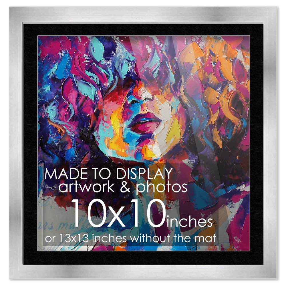 10x10 Frame Silver Wood With Black Mat | 13x13 Frame Matted to 10x10 | Display Your Photo Under UV Acrylic Shatter Guard Front, with Foam Board Backing and Wall Hanging Hardware - Wall Frame Square