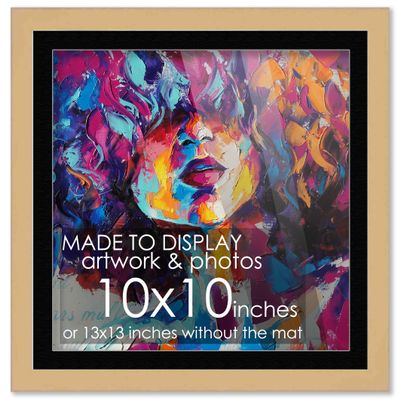 10x10 Frame Natural Wood With Black Mat | 13x13 Frame Matted to 10x10 | Display Your Photo Under UV Acrylic Shatter Guard Front, with Foam Board Backing and Wall Hanging Hardware - Wall Frame Square