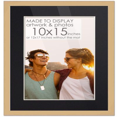 10x15 Frame Natural Wood with Black Mat | 12x17 Frame Matted to 10x15 | Display Your Print Under UV Acrylic Shatter Guard Front, with Foam Board Backing and Wall Hanging Hardware - Wall Frame