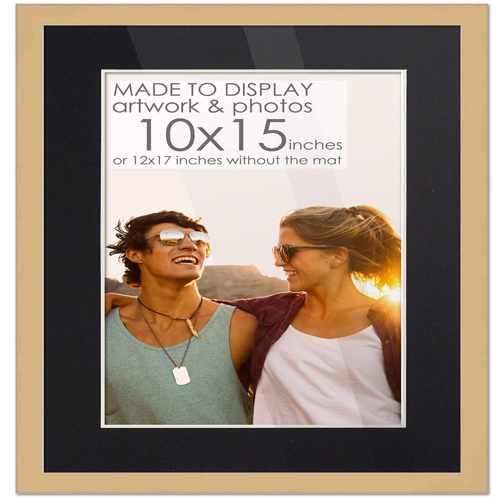 10x15 Frame Natural Wood with Black Mat | 12x17 Frame Matted to 10x15 | Display Your Print Under UV Acrylic Shatter Guard Front, with Foam Board Backing and Wall Hanging Hardware - Wall Frame