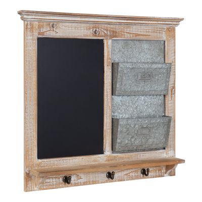 Kate and Laurel Idamae Farmhouse Wood Wall Organizer with Hooks; 28 x 25; White; Decorative Rustic Wall Organizer with Mail Holder; Chalkboard; and Three Key Holder Hooks