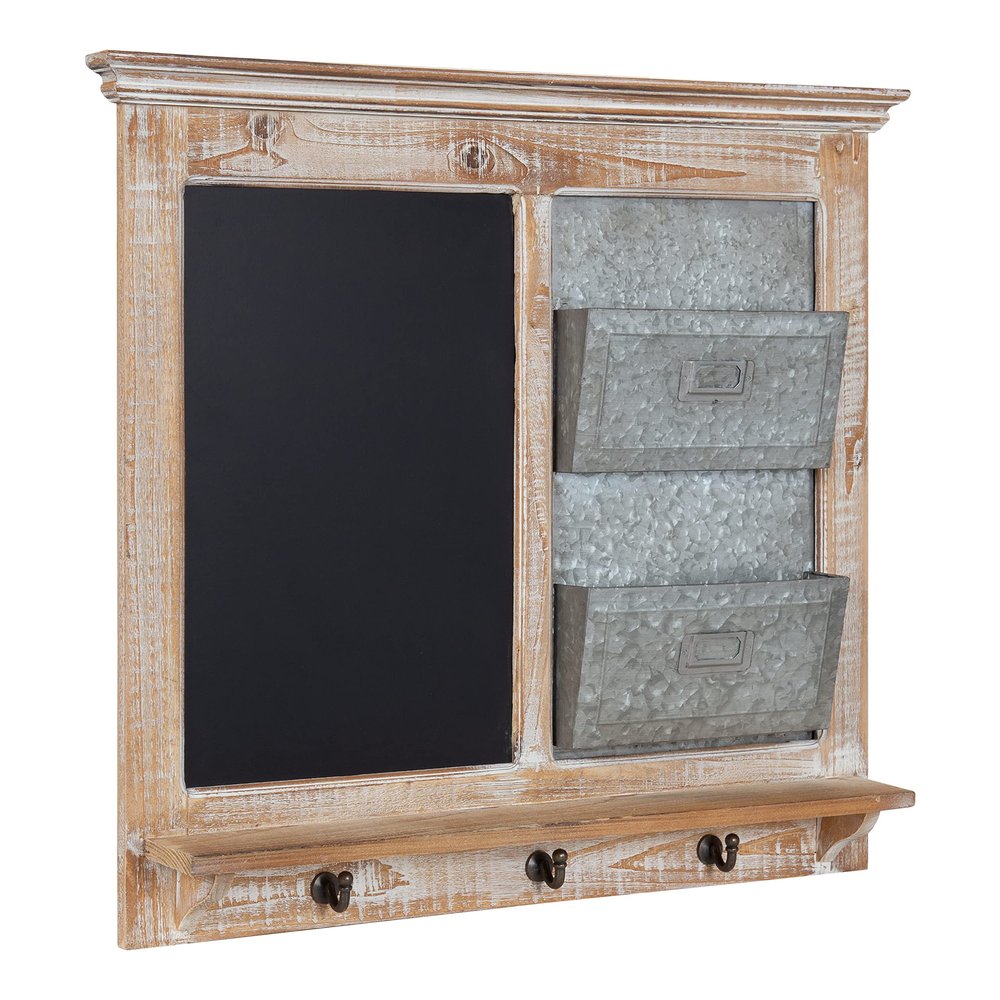 Kate and Laurel Idamae Farmhouse Wood Wall Organizer with Hooks; 28 x 25; White; Decorative Rustic Wall Organizer with Mail Holder; Chalkboard; and Three Key Holder Hooks